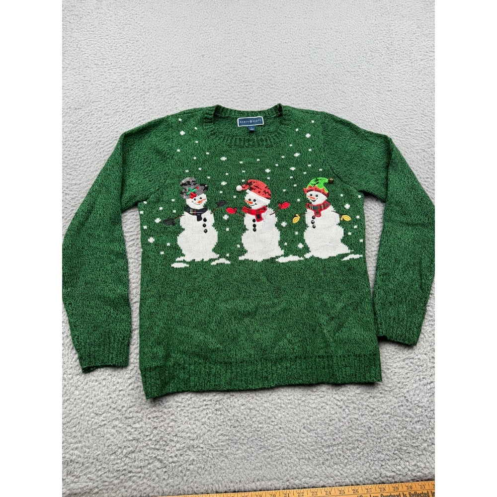 Karen Scott Sweater Womens Large Green Marled Snowman Sequin Ugly Christmas